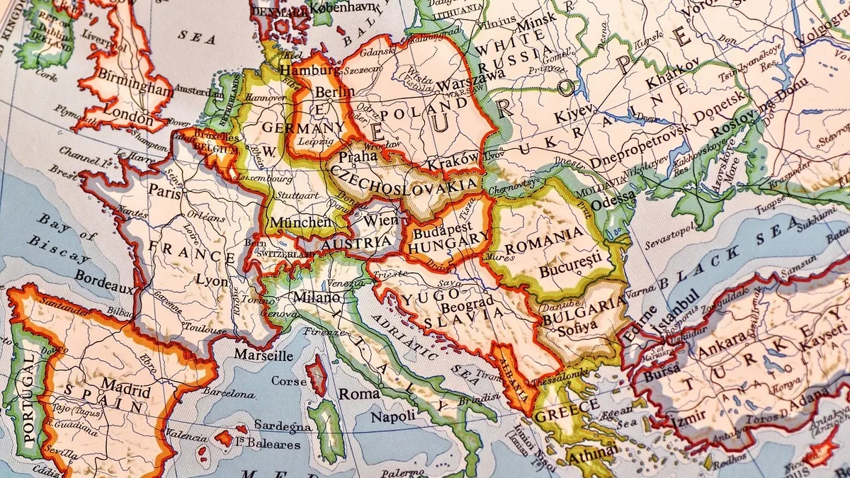 A map of Europe, with the countries of Europe outlined in different colors and labeled with their names.